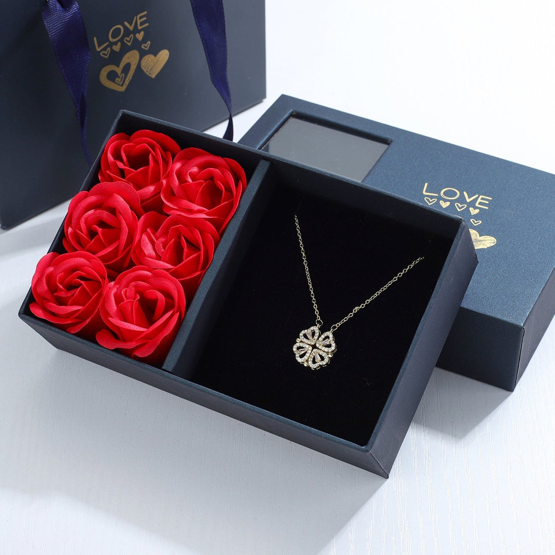 Four Heart Clover Pendant Necklace with Adjustable Chain and Gift Box