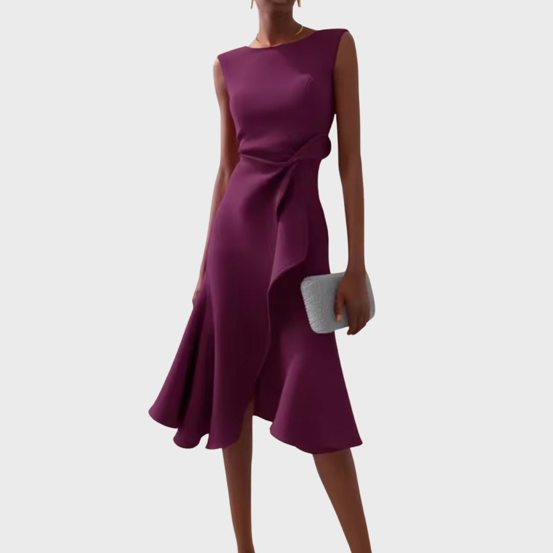 Asymmetric Midi Dress with Draped Hem and Sleeveless Cut, Lightweight Knit