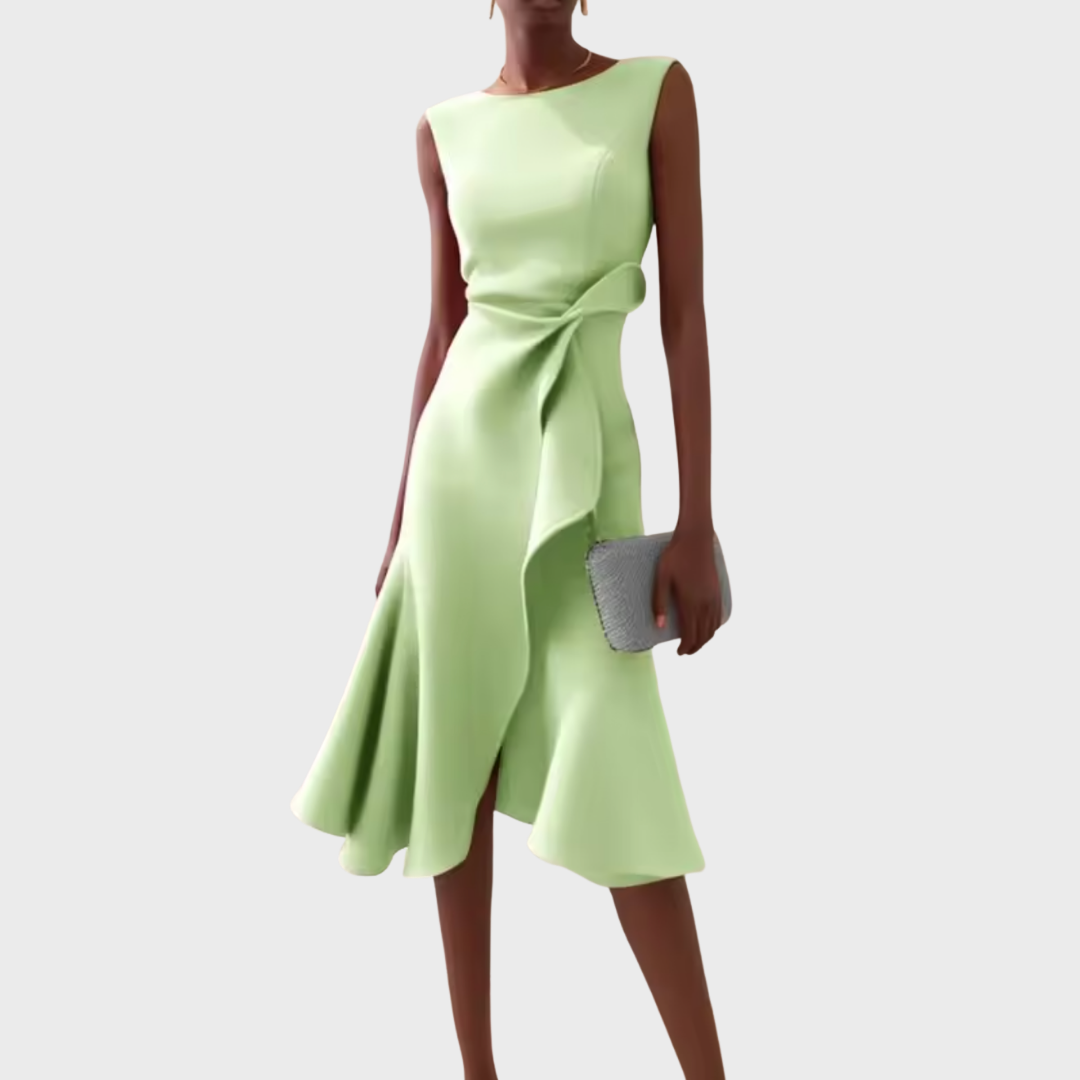 Asymmetric Midi Dress with Draped Hem and Sleeveless Cut, Lightweight Knit