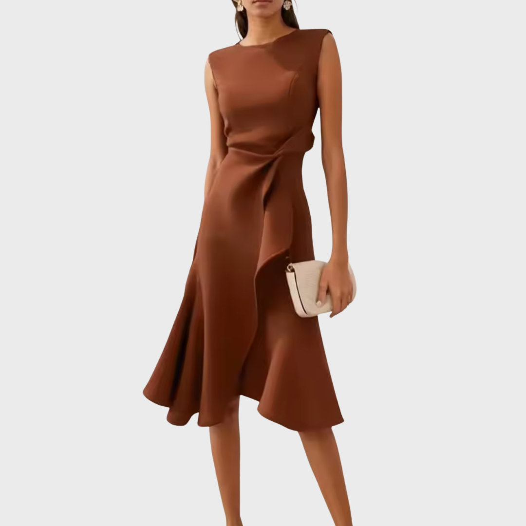 Asymmetric Midi Dress with Draped Hem and Sleeveless Cut, Lightweight Knit