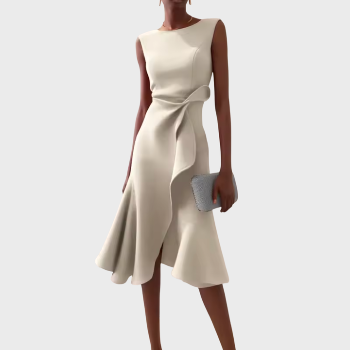 Asymmetric Midi Dress with Draped Hem and Sleeveless Cut, Lightweight Knit