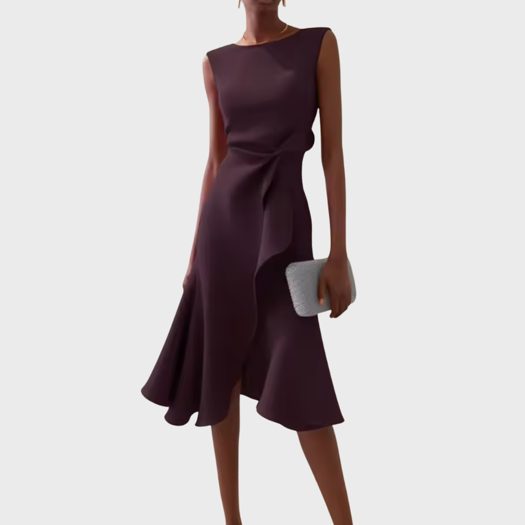 Asymmetric Midi Dress with Draped Hem and Sleeveless Cut, Lightweight Knit