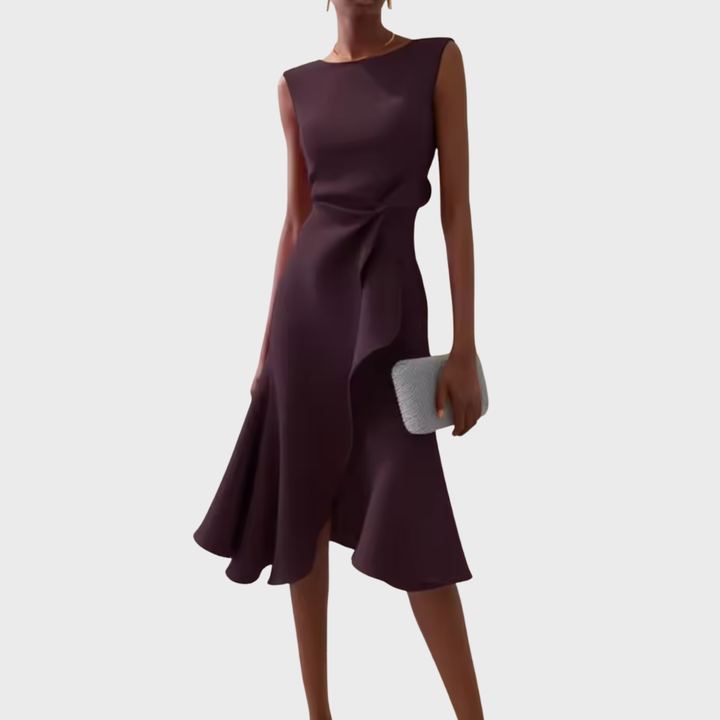 Asymmetric Midi Dress with Draped Hem and Sleeveless Cut, Lightweight Knit