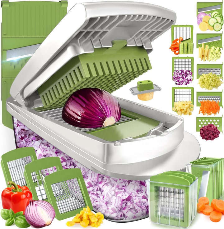 Vegetable Slicer with Eight Interchangeable Blades and Built-in Collection Container