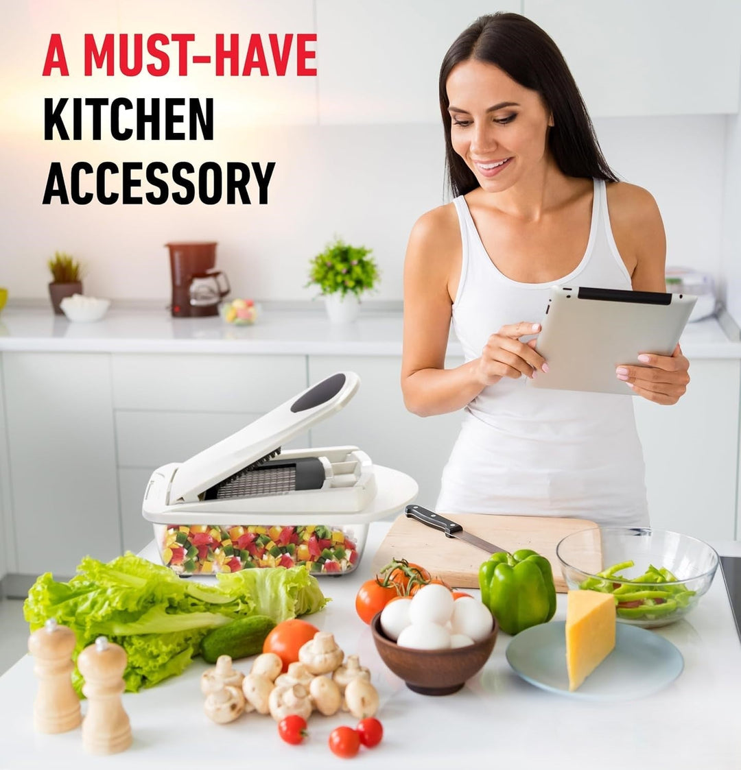 Vegetable Slicer with Eight Interchangeable Blades and Built-in Collection Container