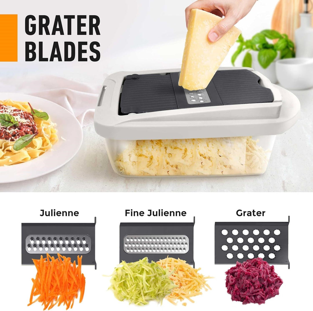 Vegetable Slicer with Eight Interchangeable Blades and Built-in Collection Container