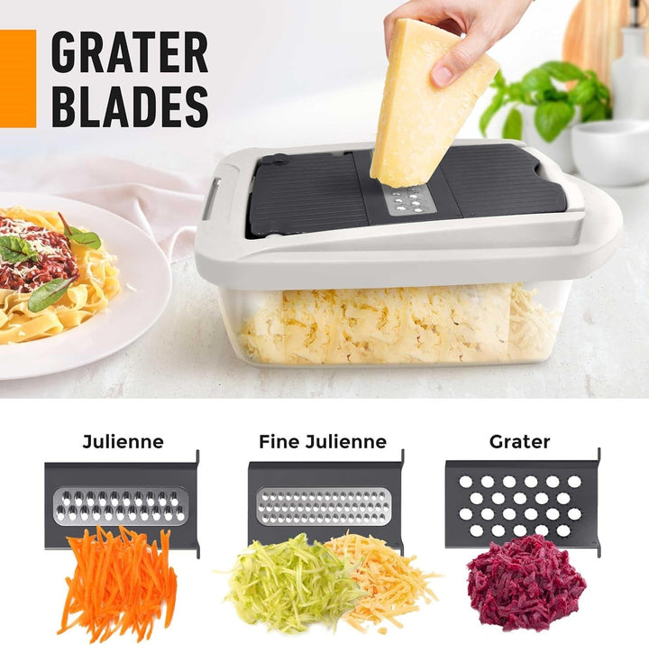 Vegetable Slicer with Eight Interchangeable Blades and Built-in Collection Container