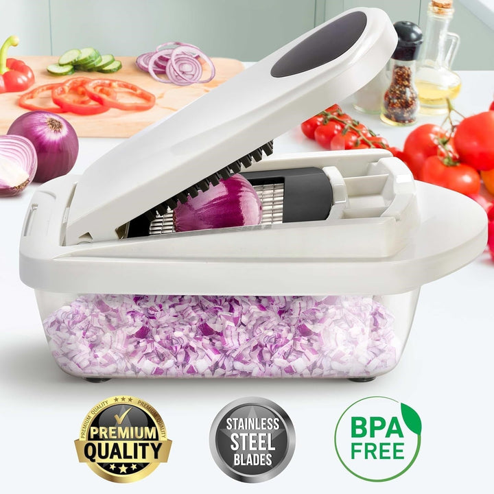 Vegetable Slicer with Eight Interchangeable Blades and Built-in Collection Container
