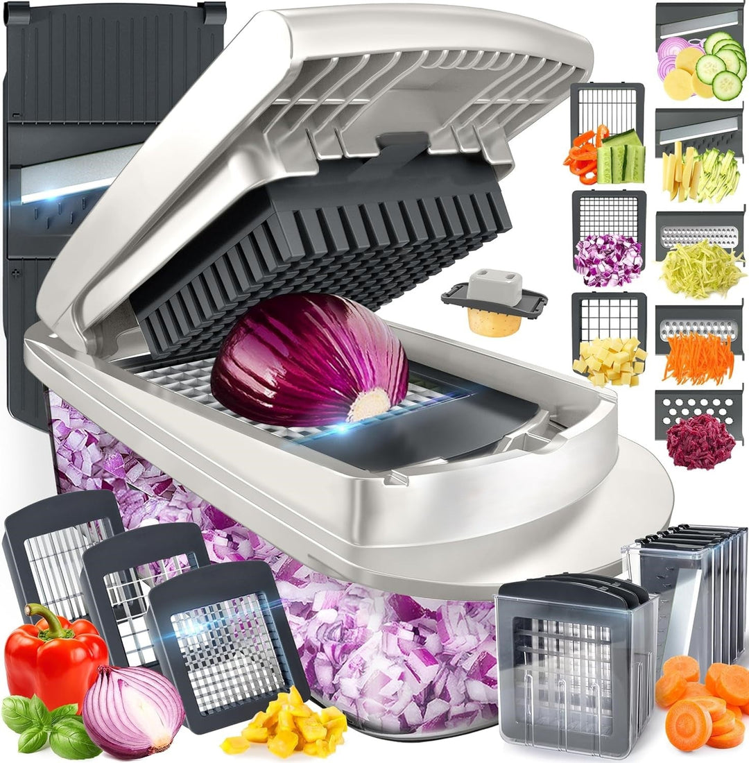 Vegetable Slicer with Eight Interchangeable Blades and Built-in Collection Container
