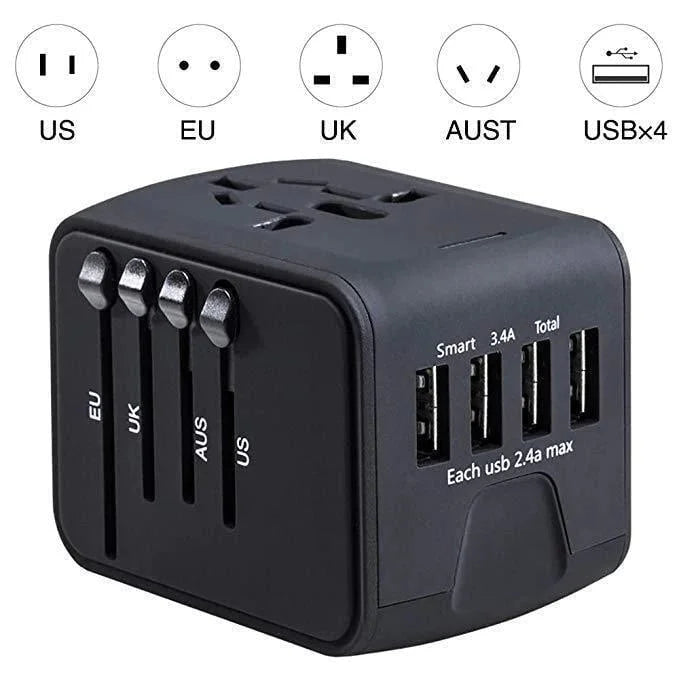 Universal Travel Adapter with Four Plug Types and Smart Charging, 100-240V