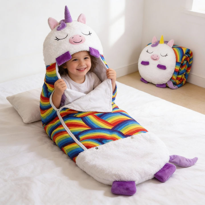 Animal Shape Kids Sleeping Bag with Foldable Pillow Design and Breathable Fabric