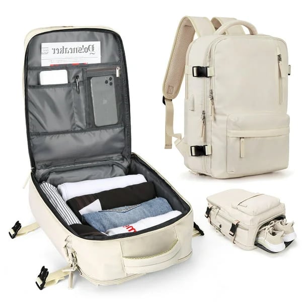 Womens 35L Travel Backpack with USB Charging Port and Laptop Compartment, Shoe and Wet Storage