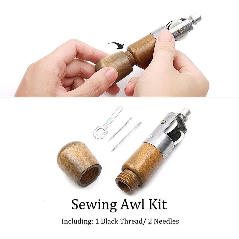 Hand Sewing Awl Kit with Dual Stainless Steel Needles and Waxed Thread