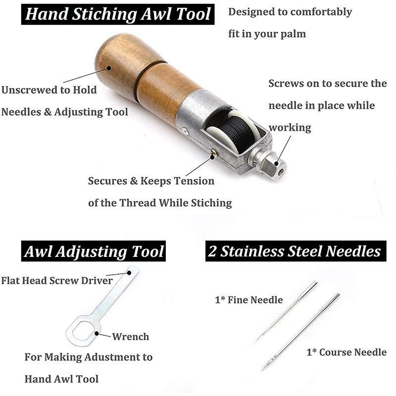 Hand Sewing Awl Kit with Dual Stainless Steel Needles and Waxed Thread