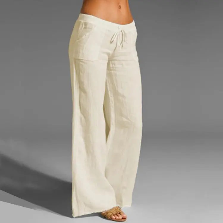 Linen Cotton Blend Trousers with Elastic Waist and Loose Fit for Women