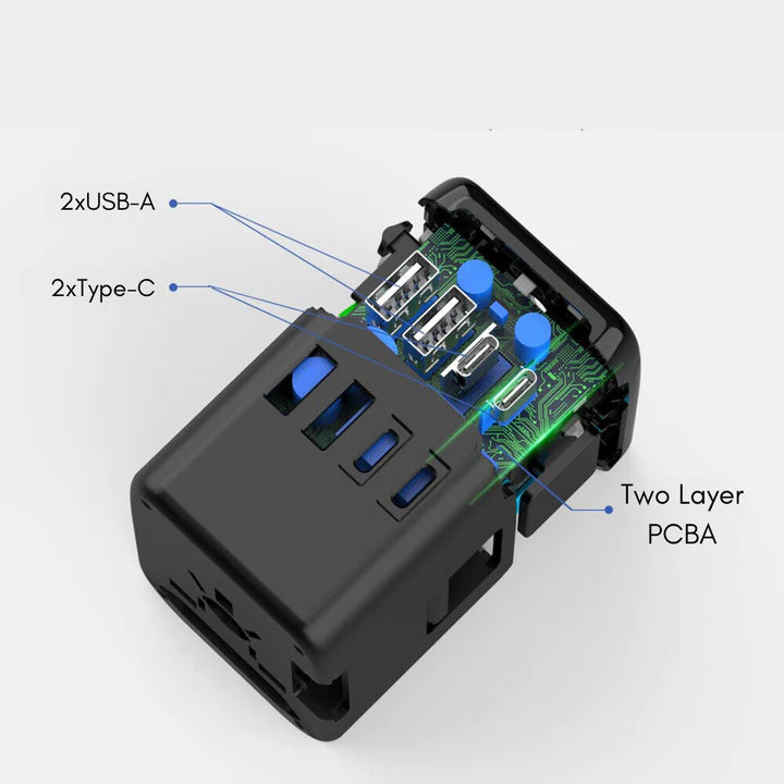 Universal Travel Adapter with Four Plug Types and Smart Charging, 100-240V