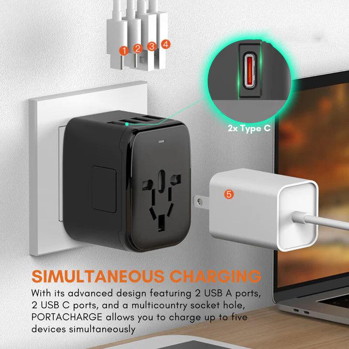 Universal Travel Adapter with Four Plug Types and Smart Charging, 100-240V
