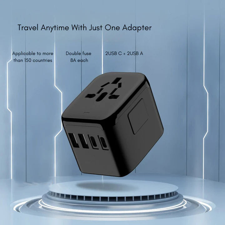 Universal Travel Adapter with Four Plug Types and Smart Charging, 100-240V