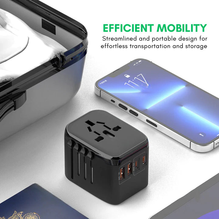 Universal Travel Adapter with Four Plug Types and Smart Charging, 100-240V