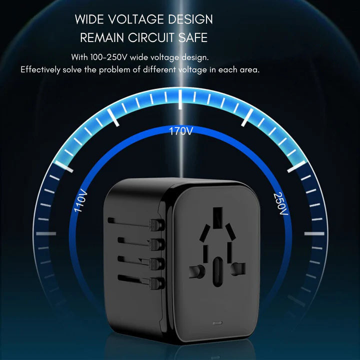 Universal Travel Adapter with Four Plug Types and Smart Charging, 100-240V