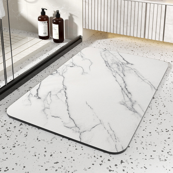 Absorbent Diatom Stone Bath Mat with Non-Slip Rubber Base and Marble Design