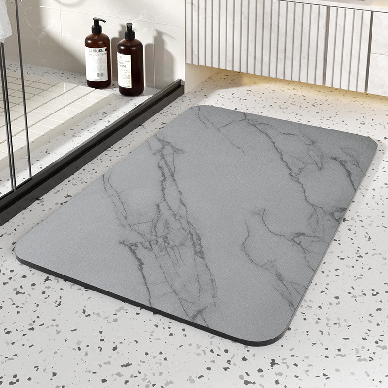 Absorbent Diatom Stone Bath Mat with Non-Slip Rubber Base and Marble Design