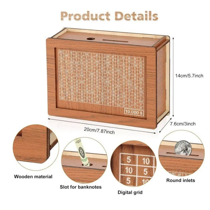 Wooden Money Savings Box with Clear Acrylic Panel and 9 Goal Targets