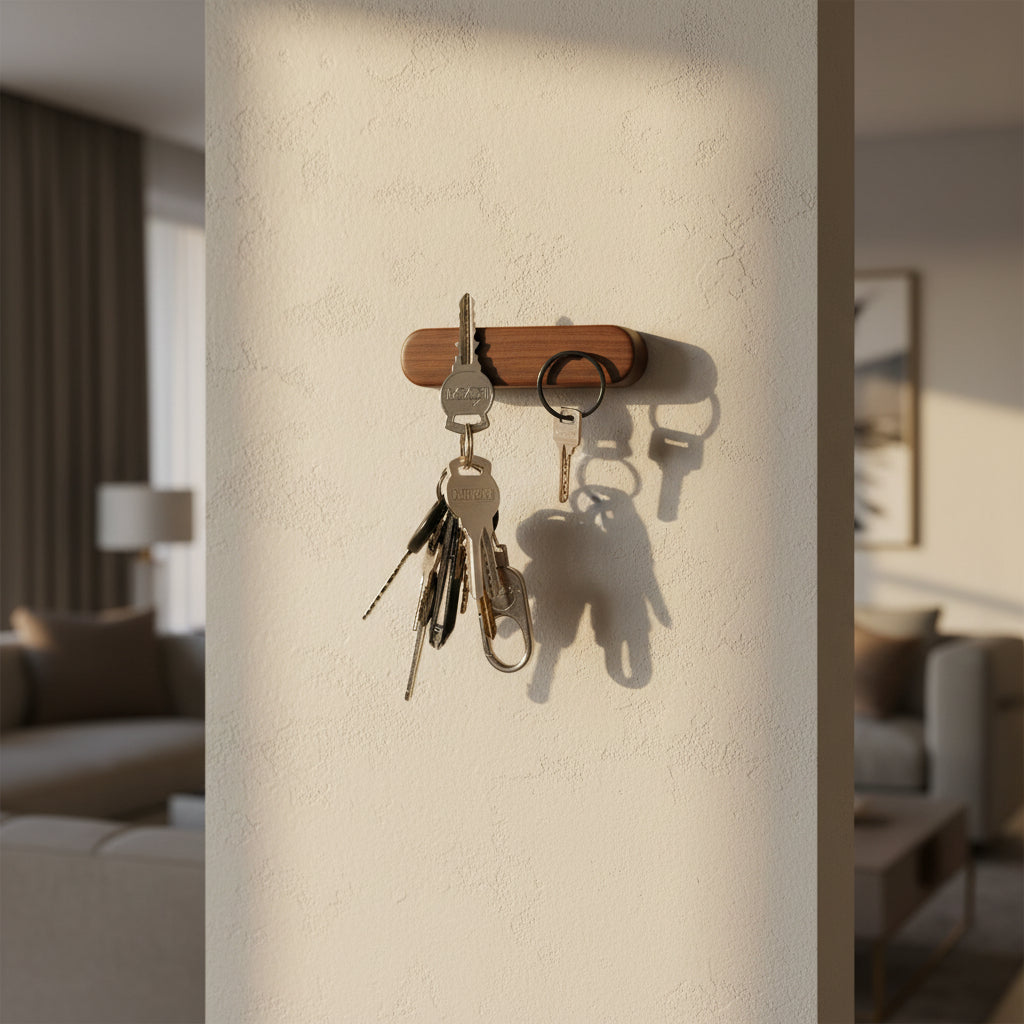 Magnetic Wooden Key Holder with Adhesive Mounting and Natural Wood Finish