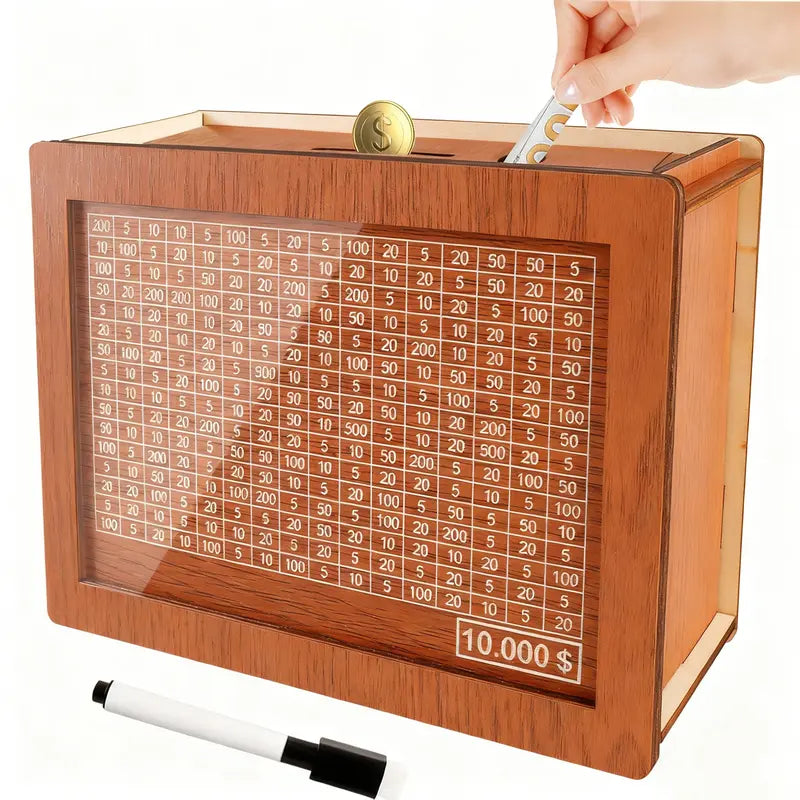 Wooden Money Savings Box with Clear Acrylic Panel and 9 Goal Targets