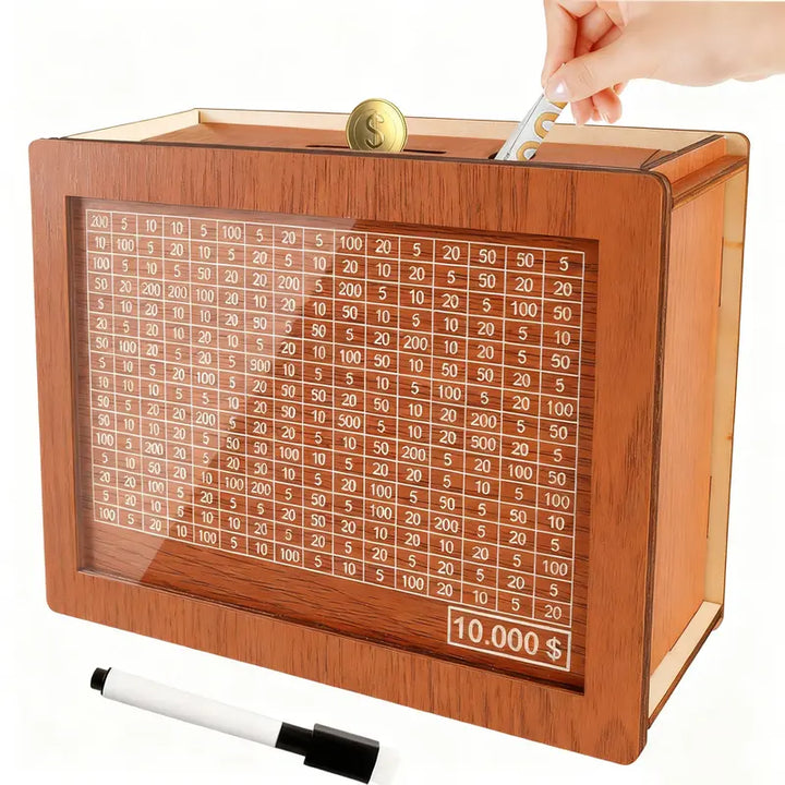 Wooden Money Savings Box with Clear Acrylic Panel and 9 Goal Targets