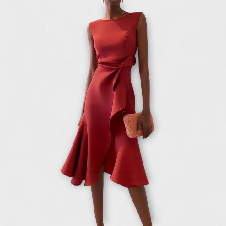 Asymmetric Midi Dress with Draped Hem and Sleeveless Cut, Lightweight Knit