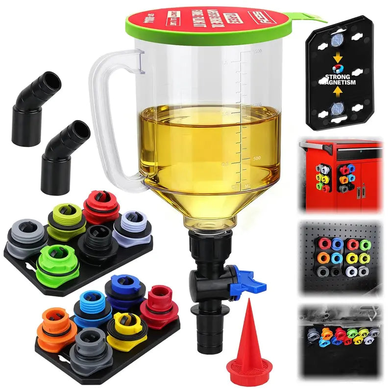 Oil Funnel Adapter Set with 12 colour Coded Pieces and Magnetic Storage Trays
