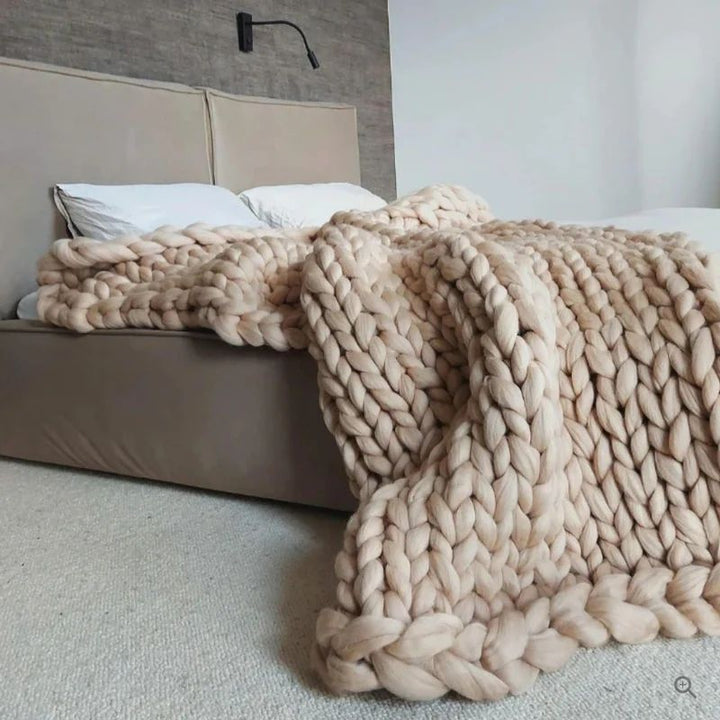 Hand Knitted Wool Blanket with Open Weave and Temperature Regulation