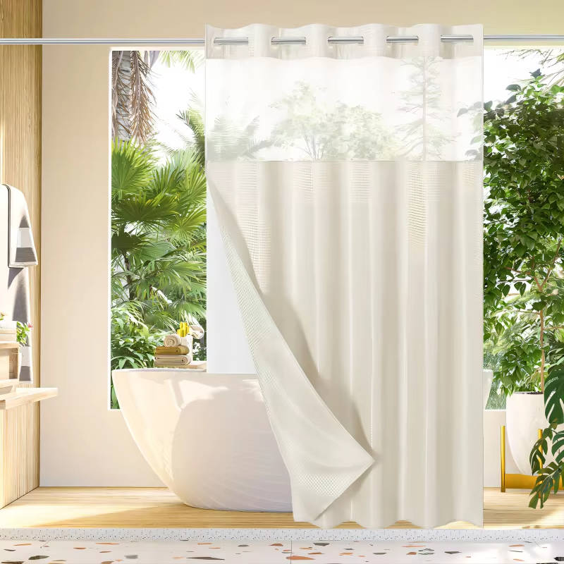 No Hook Waffle Pattern Shower Curtain with Mesh Window, Modern Waterproof Bathroom Curtain, Hotel Quality Luxury Fabric