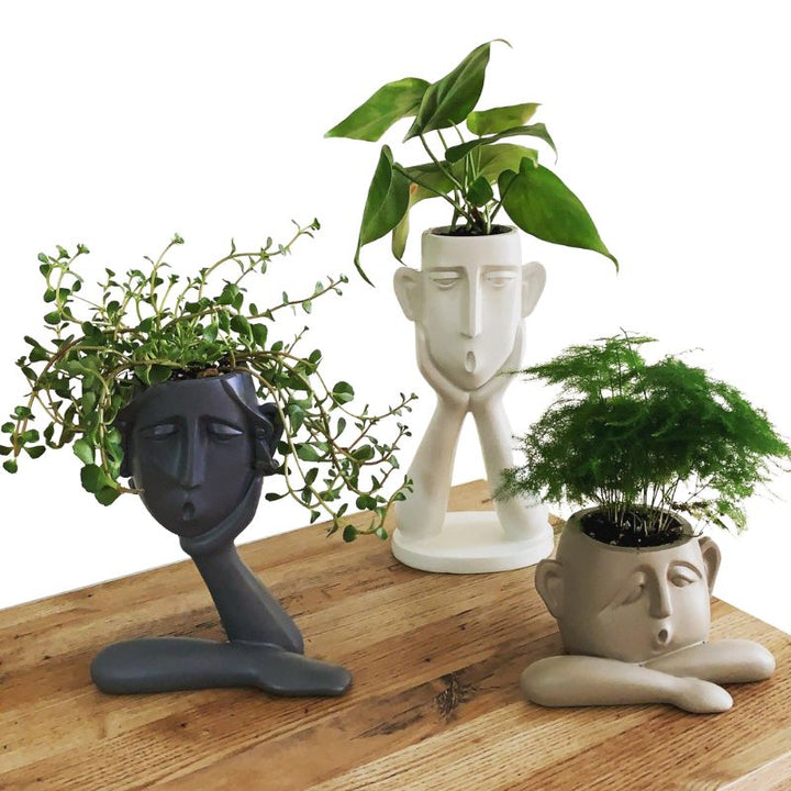 Ceramic Face Vase Set with Textured Matte Finish and Wide Openings for Shelves