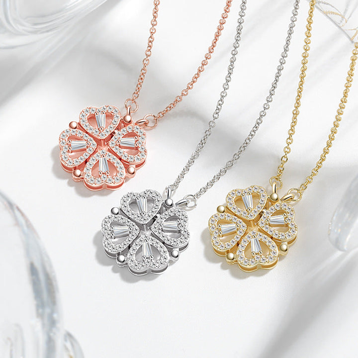 Four Heart Clover Pendant Necklace with Adjustable Chain and Gift Box