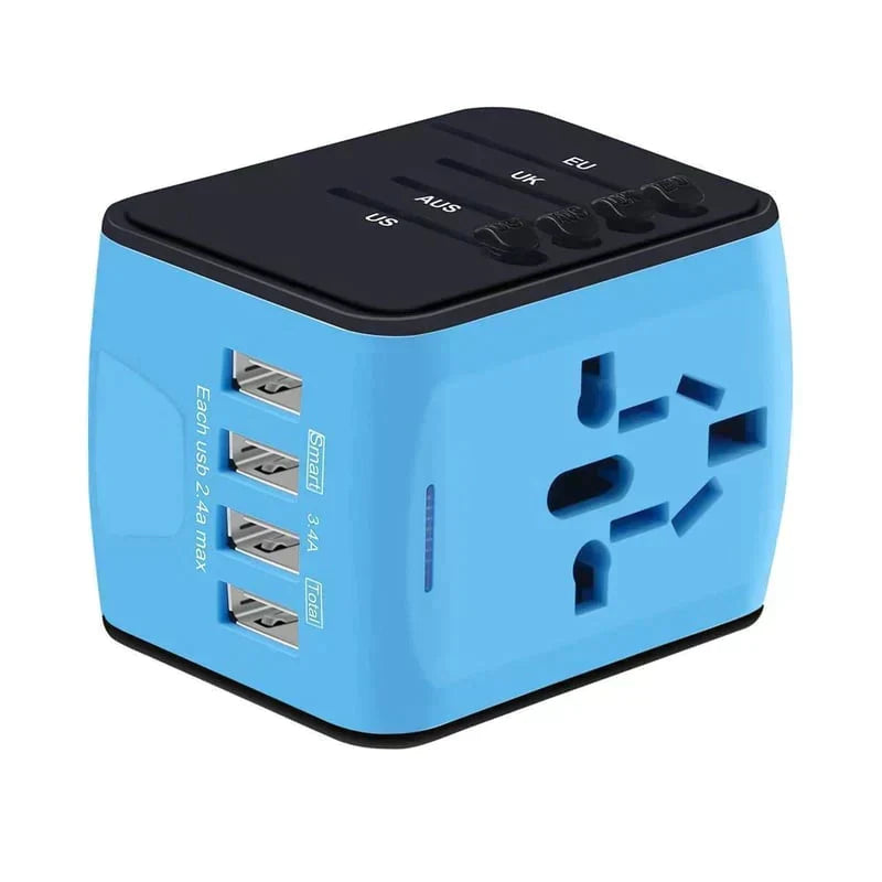 Universal Travel Adapter with Four Plug Types and Smart Charging, 100-240V