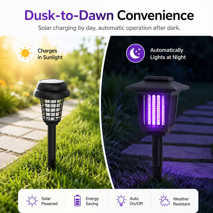 Solar Bug Zapper with Automatic Dusk Sensor and Dual Mode Operation