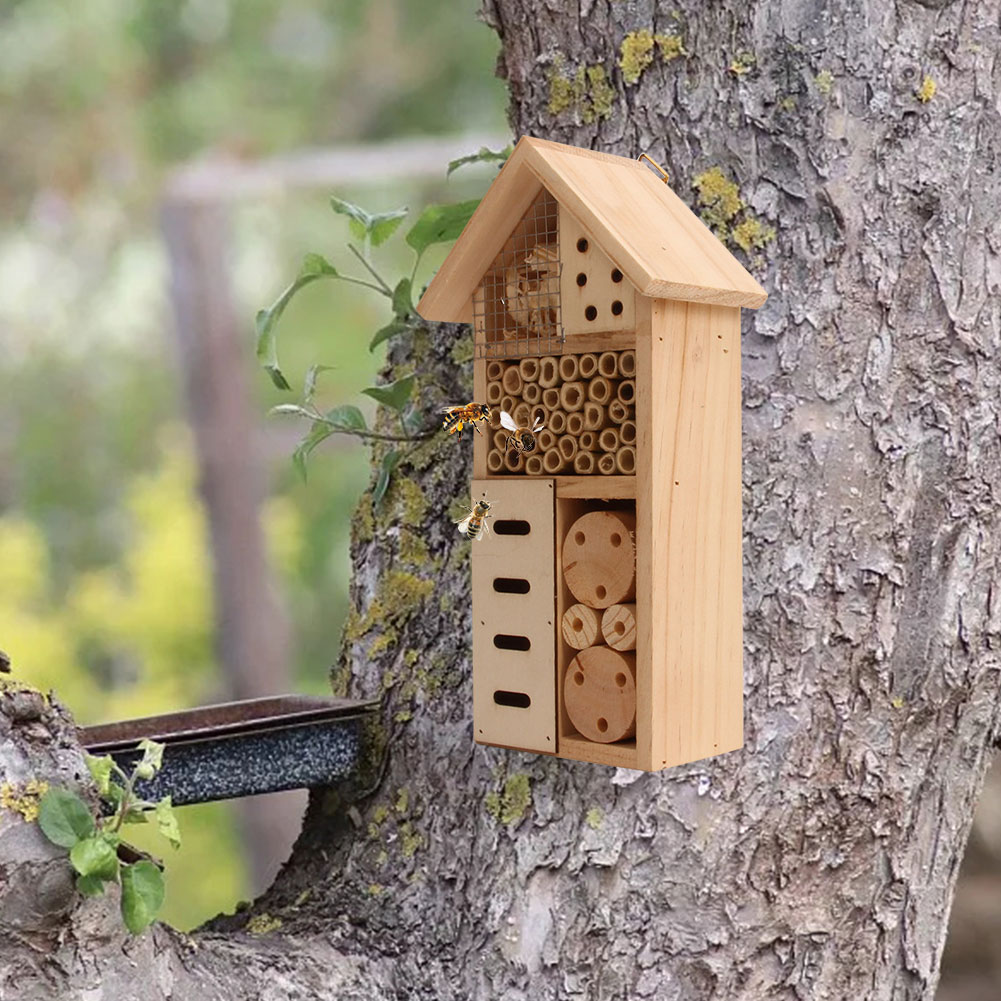 Wooden Insect Shelter with Multiple Nesting Chambers for Garden Pollinators