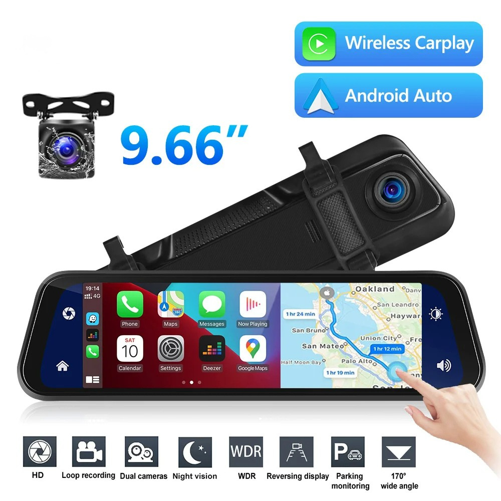 Mirror Dash Cam with Dual HD Recording and GPS Tracking, 9.66in Touchscreen