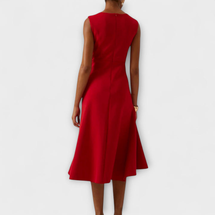 Asymmetric Midi Dress with Draped Hem and Sleeveless Cut, Lightweight Knit