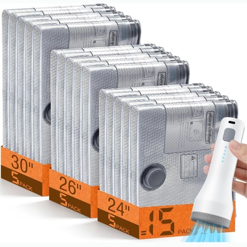 Vacuum Storage Bags with Wireless Pump, 15-Piece Set for Clothing and Bedding