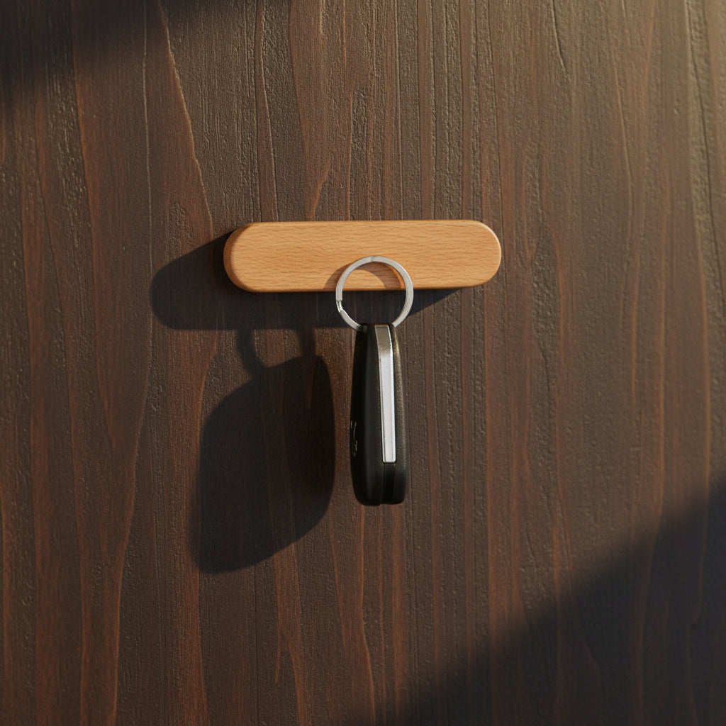 Magnetic Wooden Key Holder with Adhesive Mounting and Natural Wood Finish