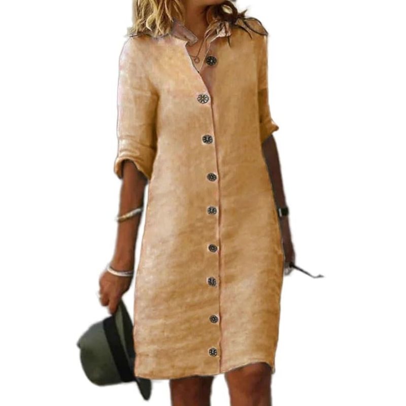 Linen Blend Midi Dress with Sleeveless Design and Loose Fit, Round Neckline