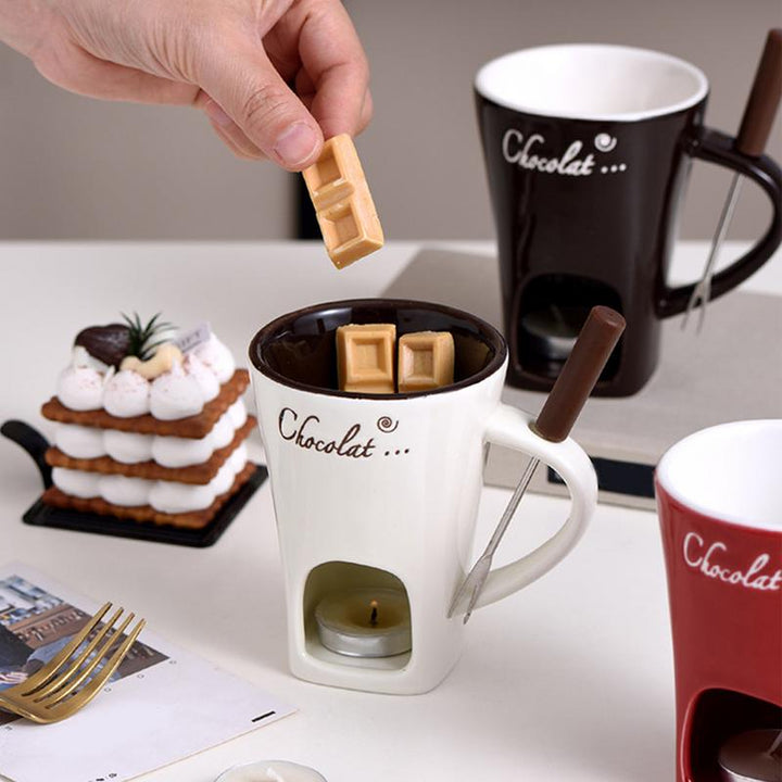 Ceramic Fondue Cup with Candle Base and Stainless Steel Fork