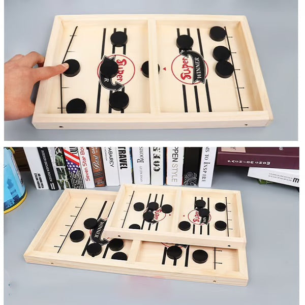 Wooden Puck Game with Center Gate and 10 Wooden Pieces for Two Players