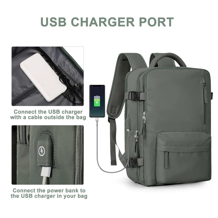 Travel Backpack with External Charging Port and Laptop Compartment, 35L Capacity
