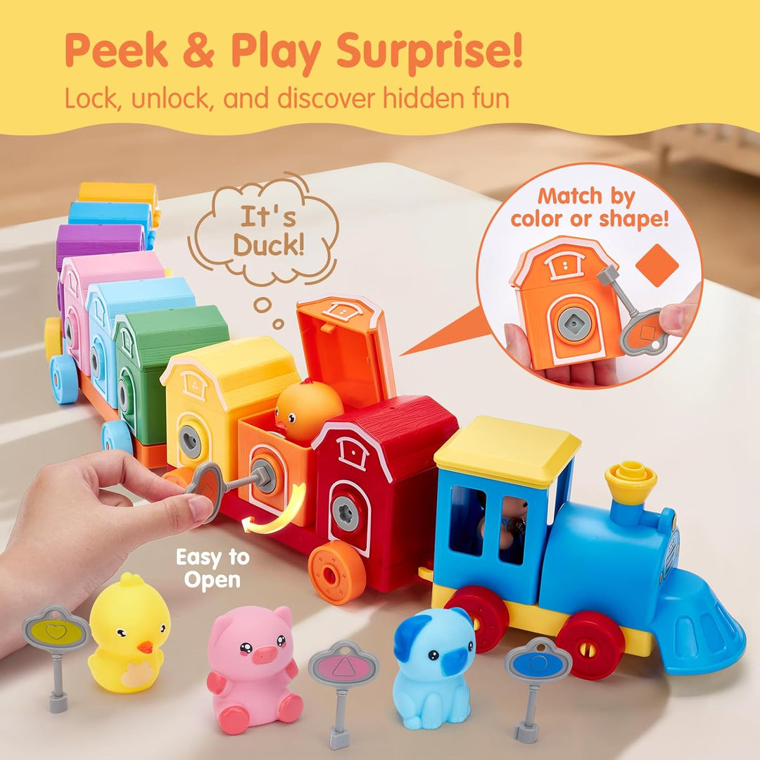Wooden Train Set with Farm Animals and Numbered Cars for Counting and Sorting Activities
