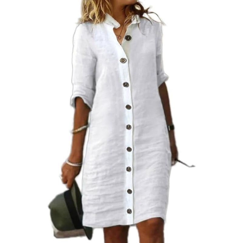 Linen Blend Midi Dress with Sleeveless Design and Loose Fit, Round Neckline