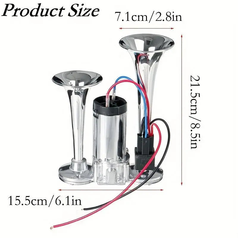 Dual Horn System with Built-In Compressor for 12V Vehicles